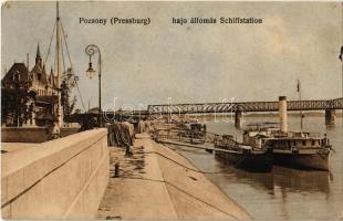 1909 Pozsony, Pressburg, Bratislava; Schiffstation / Hajóállomás, gőzhajó, vasúti híd / ship station, steamship, railway bridge (b)