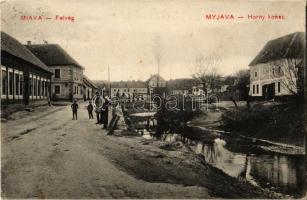 1912 Miava, Myjava; Horny konec / Felvég, utcakép, fahíd / street view, wooden bridge (EK)