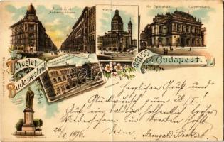 1896 (Vorläufer!) Budapest, Bazilika, Andrássy út, Kir. Operaház, József főherceg szobra, Országos mintarajziskola. Ottmar Zieher, floral, litho (fa)