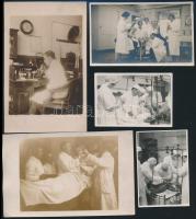cca 1929 Műtétek, orvosi beavatkozások, stb., 5 db fotó, egy részük hátulján feliratozva, különböző méretben