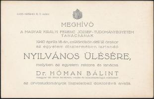 1940 Dr. Hóman Bálint tiszteletbeli doktorrá avatására szóló meghívó