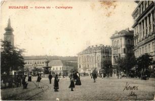 1905 Budapest VIII. Kálvin tér, templom, szökőkút, villamos