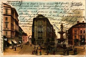1901 Budapest VIII. Kálvin tér, Baross utca, szökőkút, gyógyszertár, villamos. Gustav Erlel litho