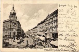 1903 Budapest VI. Andrássy út, villamos Lustig reklámmal, Hunnia biztosító, Deutsch Karol üzlete,