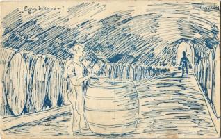 1914 Egri Bikavér boros pince / Hungarian red wine advertisement, wine cellar with barrels, artist signed (EK)