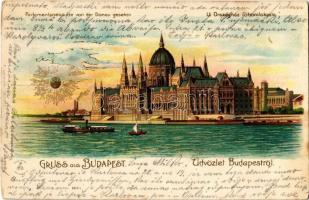 1900 Budapest V. Új országház főhomlokzata, F. Schmuck litho (EK)