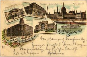 1898 (Vorläufer!) Budapest, Nemzeti múzeum és színház, Központi pályaudvar, Új országház, Műegyetem. Otmmar Zieher floral, litho (EK)