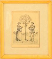 Artner Margit (1954- ): Madár barátok. Rézkarc, papír, jelzett, üvegezett keretben, 19×15 cm