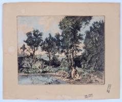 Hermann Lipót (1884-1972): Tóparti idill. Színezett rézkarc, papír, jelzett, 28x38 cm