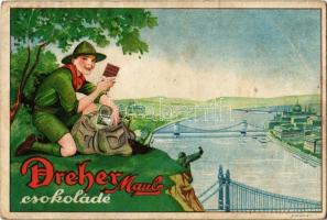 Dreher Maul csokoládé reklámlapja, cserkész a Gellért-hegyen / Hungarian chocolate advertisement card with boy scout (fl)