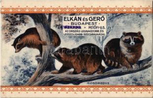 Mosómedve. Elkán és Gerő szűcsök szőrmeáru és sapkagyár üzletének reklámja. Budapest V. Váci utca 9. és Petőfi utca 5. / Raccoon. Hungarian furriers advertisement card (EK)