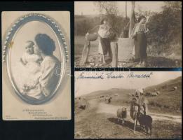 3 db RÉGI román motívumlap: folklór és Mária román királyné / 3 pre-1945 Romanian motive postcards: folklore and Regina Maria a Romaniei