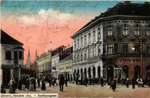 Versec, Vrsac; Városház utca, Győri Mór és G. Florian és társa üzlete, Hitelbank / town hall street, shops, credit bank (Rb)