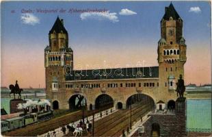 Köln, Coeln, Cologne; Westportal der Hohenzollernbrücke / railway bridge and gate, locomotive (EK)