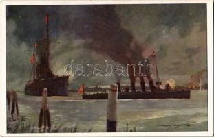 SMS Novara und Scharfschütze im Kanal von Porto Corsini bei Beschiessung der italianischen Strandbatterien am 24. Mai 1915 / WWI K.u.K. Navy, Österr. Flottenverein s: Harry Heusser