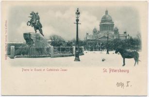 1899 Sankt-Peterburg, Saint Petersburg, St. Petersbourg; Pierre le Grand et Cathedrale Isaac / Saint Isaacs Cathedral, Peter the Great Monument in winter. Emb. (Rb)