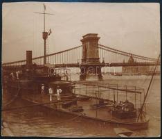 cca 1910 SMS Szamos monitor, az osztrák-magyar Dunai Flottila hadihajója a Lánchídnál, fotó, gyűrődésnyommal, 8x10 cm
