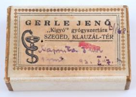 1931 Szeged, Gerle Jenő Kígyó gyógyszertára, orvoságos dobozka, 3x5x1,5 cm