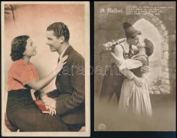 28 db főleg régi motívumlap: romantikus szerelmespáros lapok, folklór és művészlapok, hölgyek, stb. / 28 mainly pre-1945 motive postcards: romantic couples, folklore, art postcards, ladies, etc.
