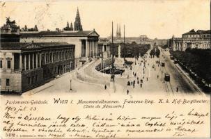 1903 Vienna, Wien, Bécs I. Franzens-Ring, Parlaments-Gebaude, Monumentalbrunnen, K. k. Hof-Burgtheater / parliament building, fountain, theatre, street, trams (EK)