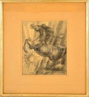 Ruzicskay György (1896-1993): Ágaskodó ló. Szén, papír, jelzett, üvegezett keretben, 25×20 cm