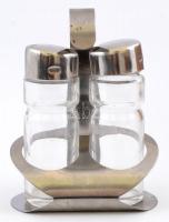 Só- és borsszóró (üveg+fém), tartóban, m: 9 cm