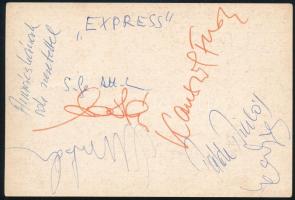 AZ Express együttes tagjainak aláírása az őket ábrázoló képeslap hátoldalán