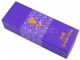 Festett aranyozott rózsa szál, műgyanta?, eredeti foltos dobozában, h:22 cm