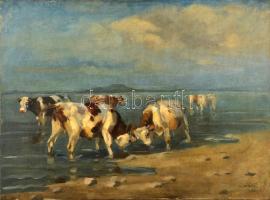 Viski János (1891-1987): Acsarkodó tehenek a Balatonban. Olaj, vászon, jelzett, foltos, 60×80 cm