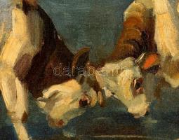 Viski János (1891-1987): Acsarkodó tehenek a Balatonban. Olaj, vászon, jelzett, foltos,  60×80 cm