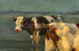 Viski János (1891-1987): Acsarkodó tehenek a Balatonban. Olaj, vászon, jelzett, foltos,  60×80 cm
