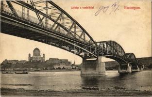 1909 Esztergom, látkép a vashíddal, Bazilika. Kardos Dezső kiadása + "ESZTERGOM - BUDAPEST 218. SZ." vasúti mozgóposta bélyegző (EK)