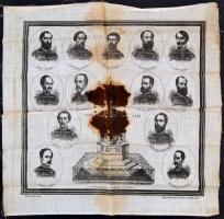1890 Az Aradi Vértanúk emlékművének felállítása alkalmából kiadott vászon emlék kendő az 1848-49-es szabadságharc áldozatainak és az emlékmű képével, foltos 38x39 cm
