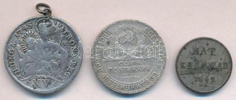 3db-os vegyes magyar és külföldi rossz tartású, sérült ezüstpénz tétel, közte 1745KB 15kr Ag "M...