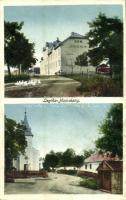 Legenye-Alsómihályi, Legenye-Mihályi, Luhyna-Michalany (Legina); vasútállomás, utcakép a templommal / Bahnhof / railway station, street with church