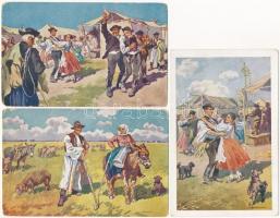 6 db régi magyar folklór művészlap Benyovszky szignójával / 6 pre-1945 Hungarian folklore art postcards signed by Benyovszky