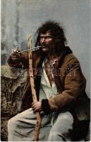Népviselet Magyarországból. Jakabhegyi pipázó cigány / Volkstrachten aus Ungarn. Zigeuner / Hungarian folklore, Gypsy man with pipe. Fotochrom L. & P. P. 1681. (fl)