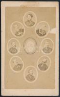 cca 1867 Gróf Andrássy Gyula miniszterelnök és miniszterei, vizitkártya méretű kistabló, nevesített portrékkal, képszéli hiánnyal, hátoldalán filctollas felirat, 10,5x6,5 cm