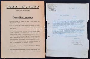 1940 Nagy János műasztalos, Első Magyar Automata Játékasztal Üzem levele a balatonszántódi MÁVOSZ Panziónak 2 db Tura-Duplex játékasztal megküldése tárgyában, fejléces papíron + ismertető leírás