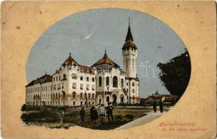 1910 Marosvásárhely, Targu Mures; Városháza, távolban a zsinagóga. Kiadja Révész Béla / town hall, synagogue in the background + "BRASSÓ - GYIMES 246. SZ. B" vasúti mozgóposta bélyegző (EK)