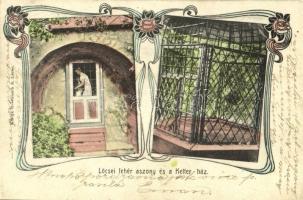 1908 Lőcse, Levoca; Lőcsei fehér asszony és a Ketter ház (szégyenketrec). Rosenbach S. kiadása / Julianna Géczy and the cage of shame. Art Nouveau