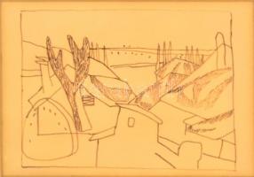 Stark Anna (1922-2000): Szigliget. Filc, karton, jelzett (hátoldalon üdvözlő sorokkal), üvegezett keretben, 12×16,5 cm
