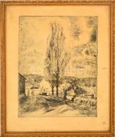 Aszódi Weil Erzsébet(1901-1976): Faluvége. Rézkarc, papír, jelzett, üvegezett keretben, 38×29 cm