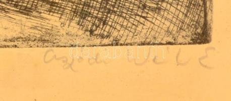 Aszódi Weil Erzsébet(1901-1976): Faluvége. Rézkarc, papír, jelzett, üvegezett keretben, 38×29 cm