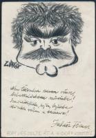 Varga ,,Zerge Zoltán (1969-): Juhász Ferenc (1928-2015) karikatúrája. Rajta Juhász Ferenc (1928-2015) saját kézzel írt versével és aláírásával. (Nem tékozolva szavam rímre, beburkolództam szőreimbe! Szemöldökfüstbe, hajba, bajuszba öltözötten várjam a tavaszra! ) Szén, papír, jelzett, a hátoldalán dátumozva (1985.II. 2.), 20x14 cm.