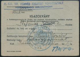 cca 1939-1940 Fehérgyarmat, katonai igazolványlap, pecsétekkel, bejegyzésekkel, kijáró lapokkal, kop...