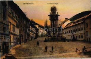 Selmecbánya, Schemnitz, Banská Stiavnica; Szentháromság tér és szobor, Nics Adolf vendéglője, étterem, bor és sörcsarnok, üzletek. Joerges 1905. / Holy Trinity Square and statue, restaurant, beer hall, inn, shops