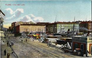 Fiume, Rijeka; Via del Lido / utcakép, rakpart, kikötő, gőzhajók, villamos / street view, wharf, port, steamships, tram