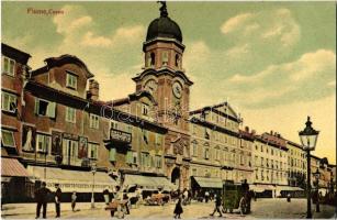 Fiume, Rijeka; Corso / Korzó, várostorony, üzletek / street view, city tower, shops. L. & P. P. 2550.