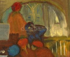 Szabados Jenő (1911-1942): Gyermekek a harmónium mellett. Olaj, vászon-karton, jelzés nélkül, keretb...